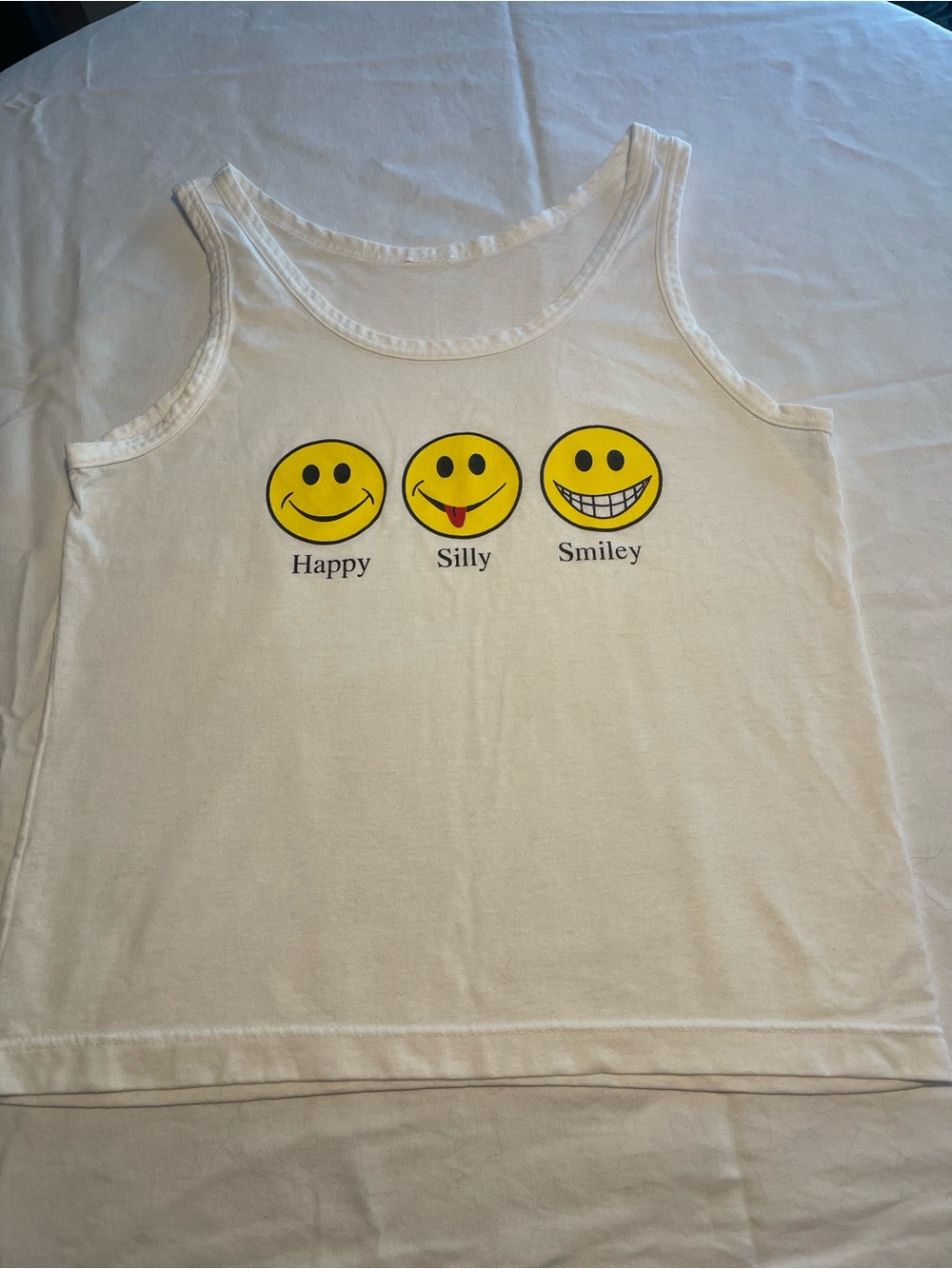 White Tank Top with Happy Silly Smiley Graphics
